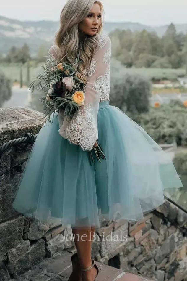 A-line Two Piece Long Sleeve Pleats Tea-length Lace Tulle Homecoming Dress
