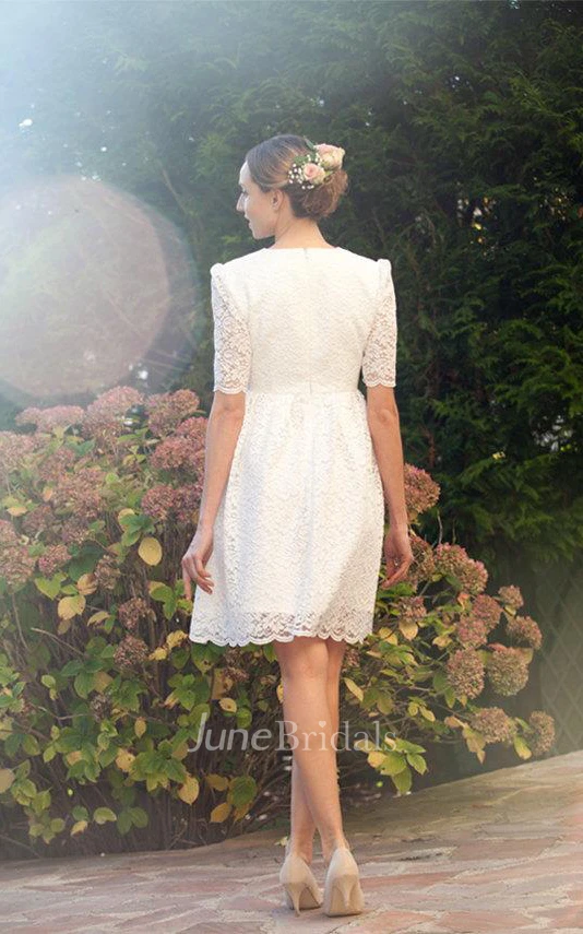 Jewel Neck Half Sleeve A-Line Knee-Length Lace Wedding Dress