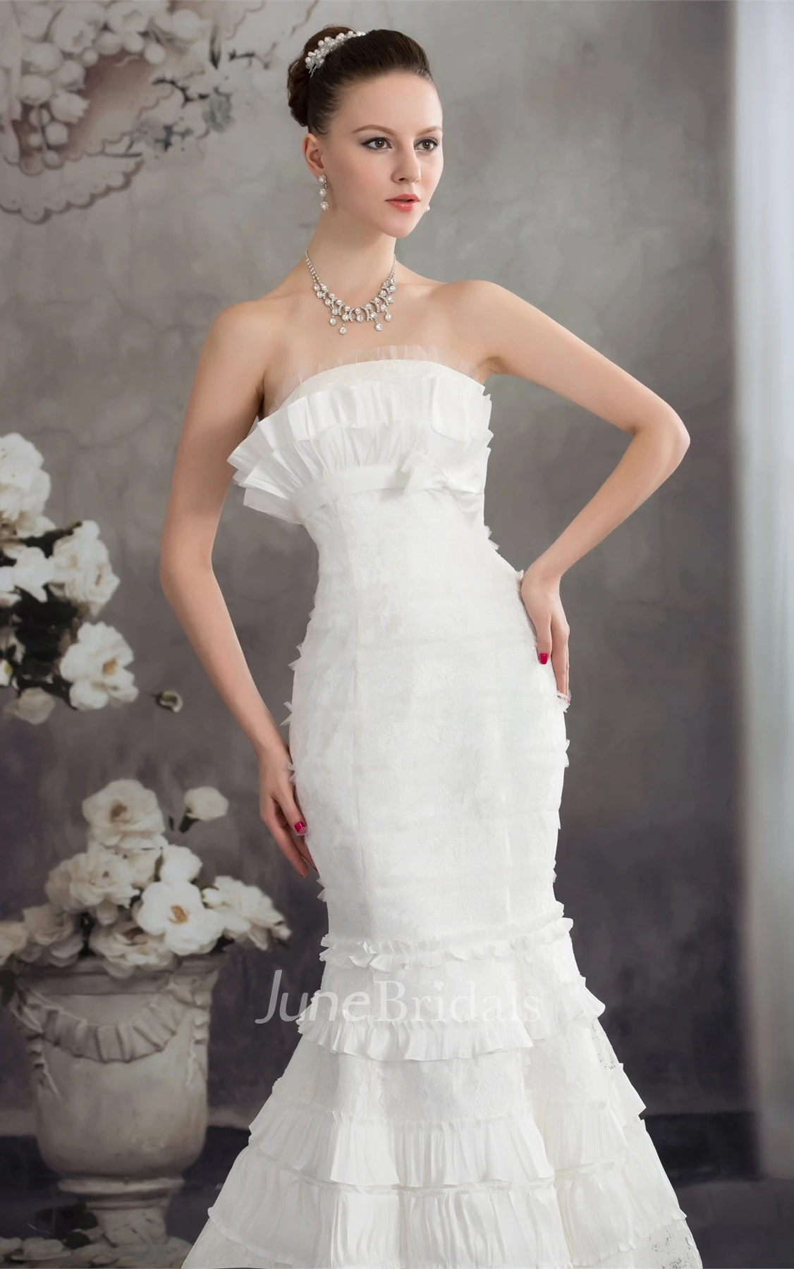 Strapless Ruched Appliqued Dress with Trumpet Silhouette