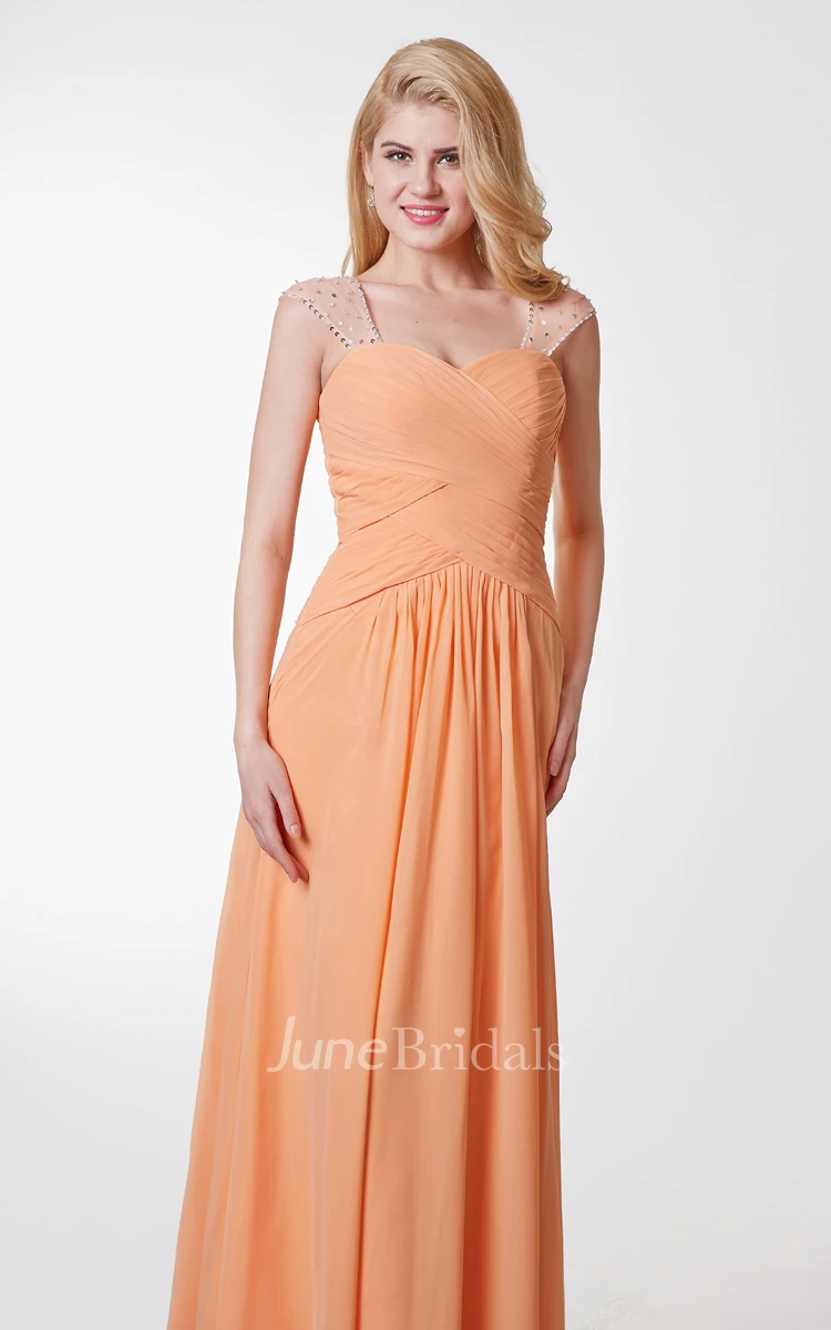 Cap Sleeve A-line Ruched Long Chiffon Dress