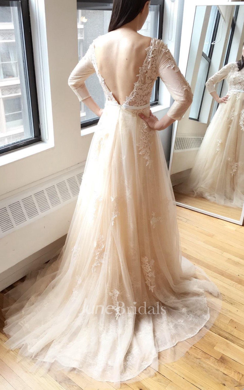 Champagne wedding best sale dress long sleeve