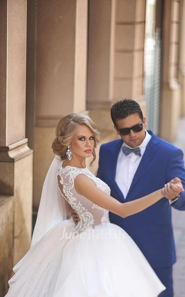 A-Line Ball Gown Empire Mini Jewel Bell Empire Dropped Appliques Cathedral Train Tulle Dress