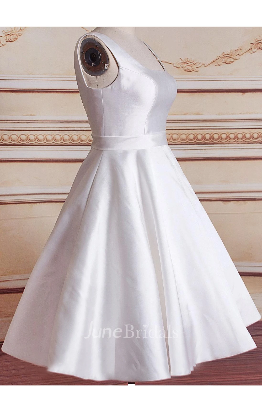 Short Tea-Length Square Lace Satin Weddig Dress