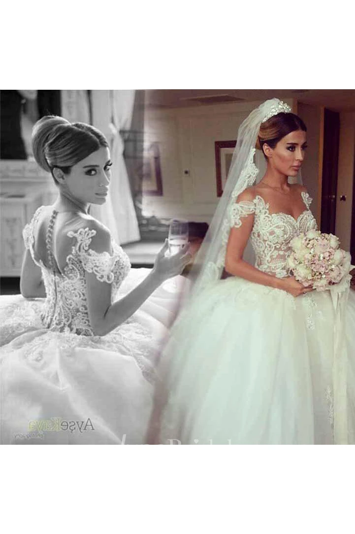 Glamorous Beadings Tulle Ball Gown Wedding Dress Off-the-shoulder Button Back
