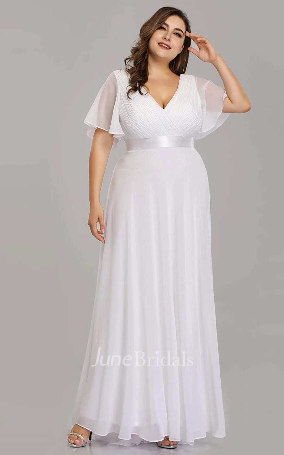 A Line V-neck Chiffon Half Sleeve Prom Dress With Criss Cross and Ruching