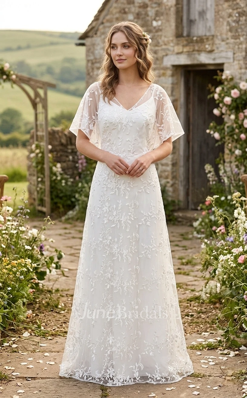 1920s Two-Piece Lace A-Line Wedding Dress Boho V-Neck Flutter Sleeves Vintage Bridal Gown