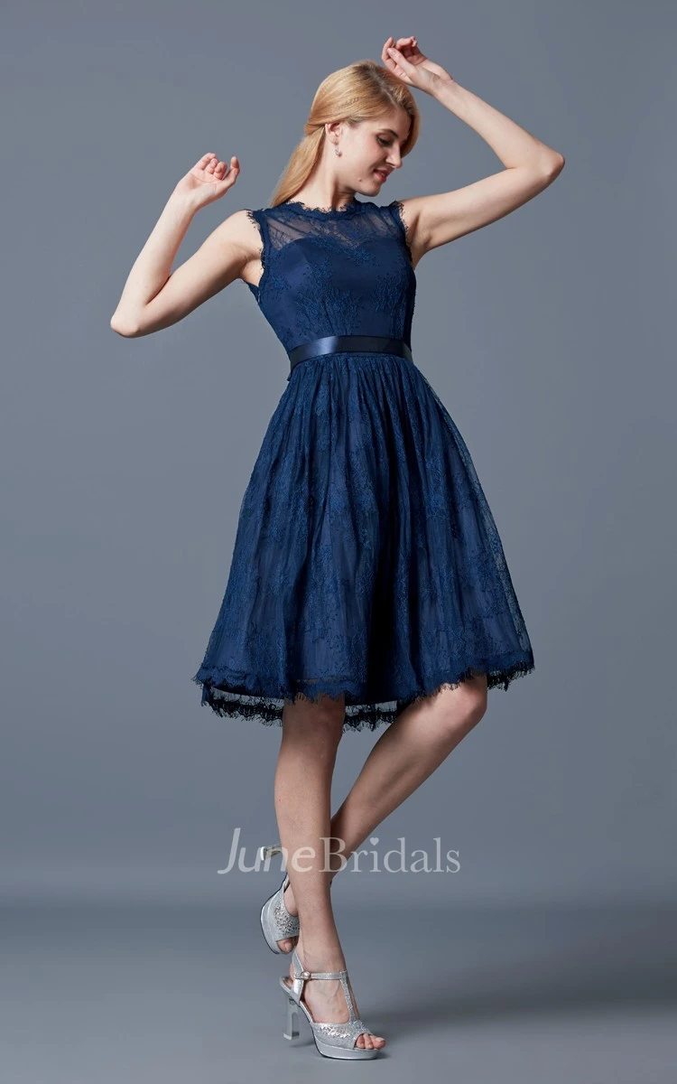 Stunning Sleeveless Lace Fit and Flare Gown With Satin Sash Tie