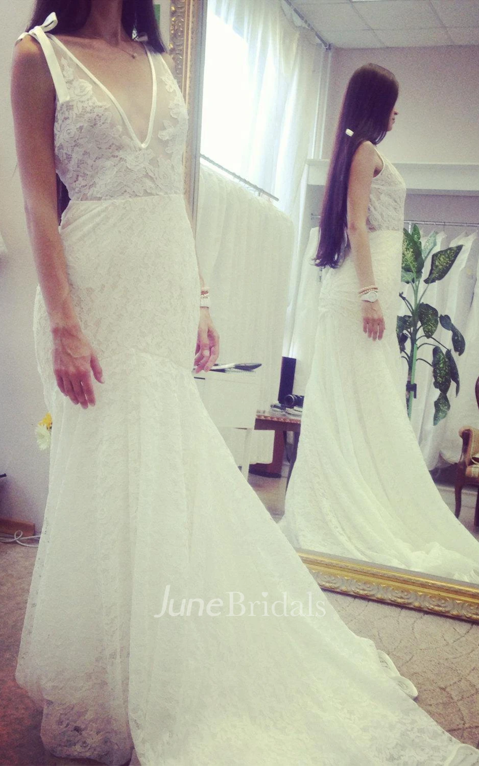 Deep-V Neck Sleeveless Lace Mermaid Wedding Dress With Long Train