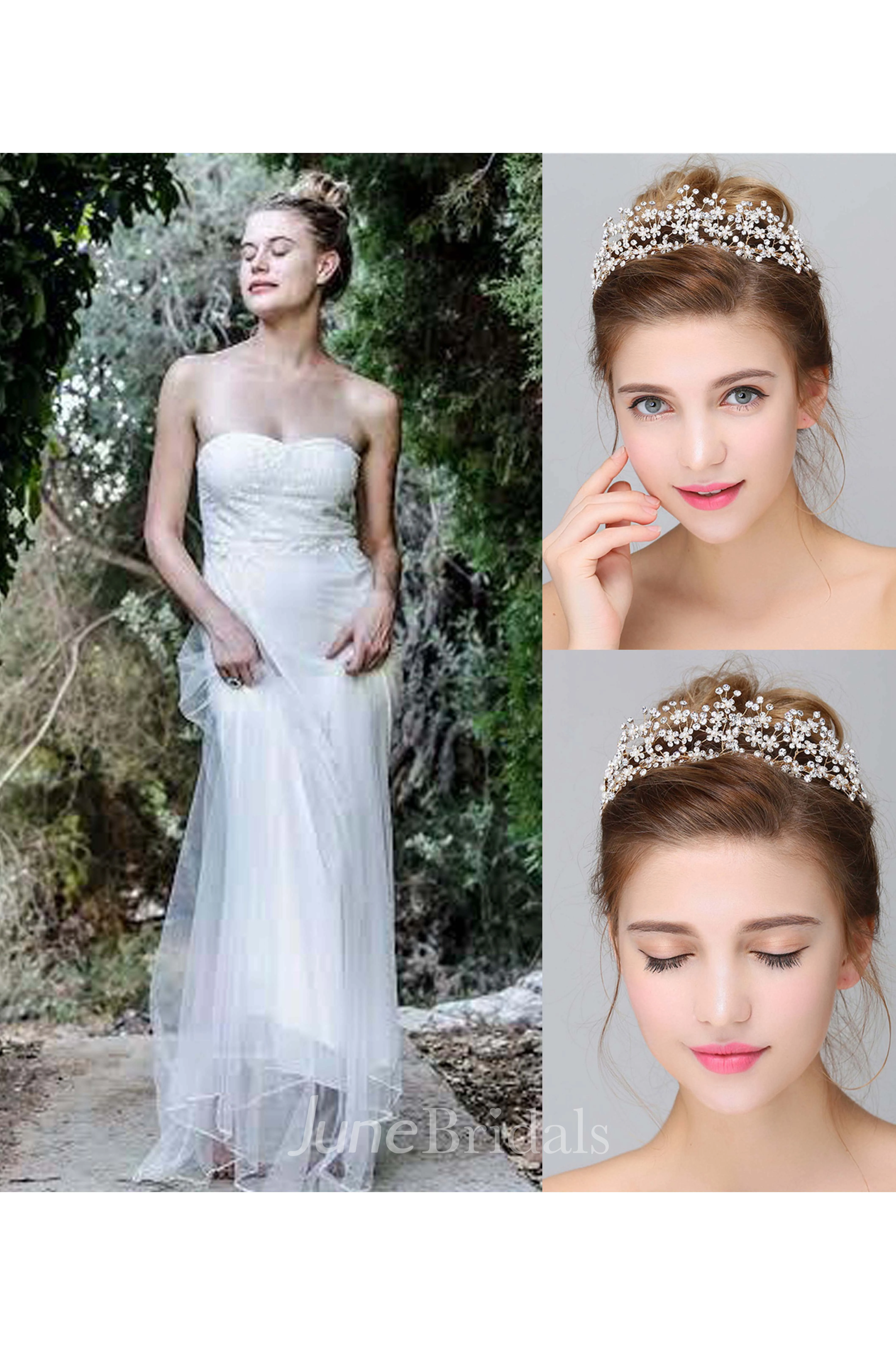 Sleeveless Backless A-Line Long Chiffon Wedding Dress and Atmospheric Golden Crown Headdress Rhinestone Hairband Headdress