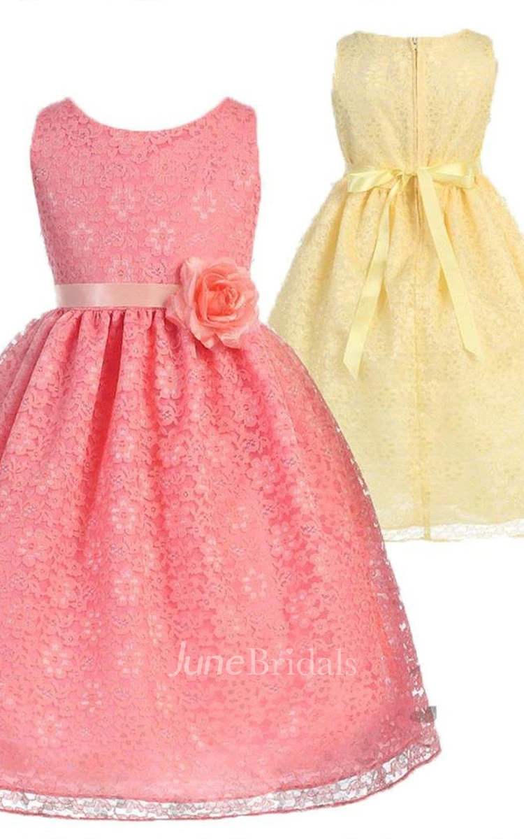 Sleeveless Scoop-neck A-line Lace Dress With Flower