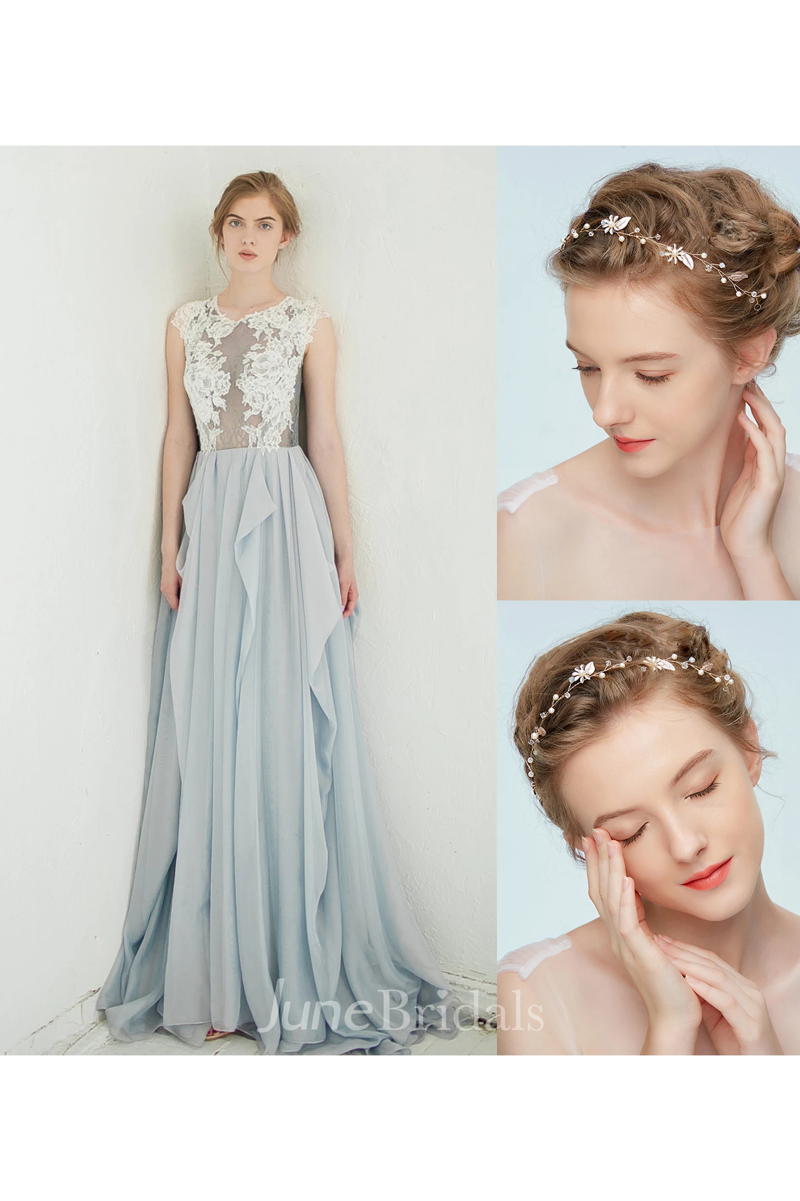 Jewel-Neck Sleeveless A-Line Chiffon Draped Dress and Vintage Gold Leafy Blonde Hair Holiday Hair Accessories