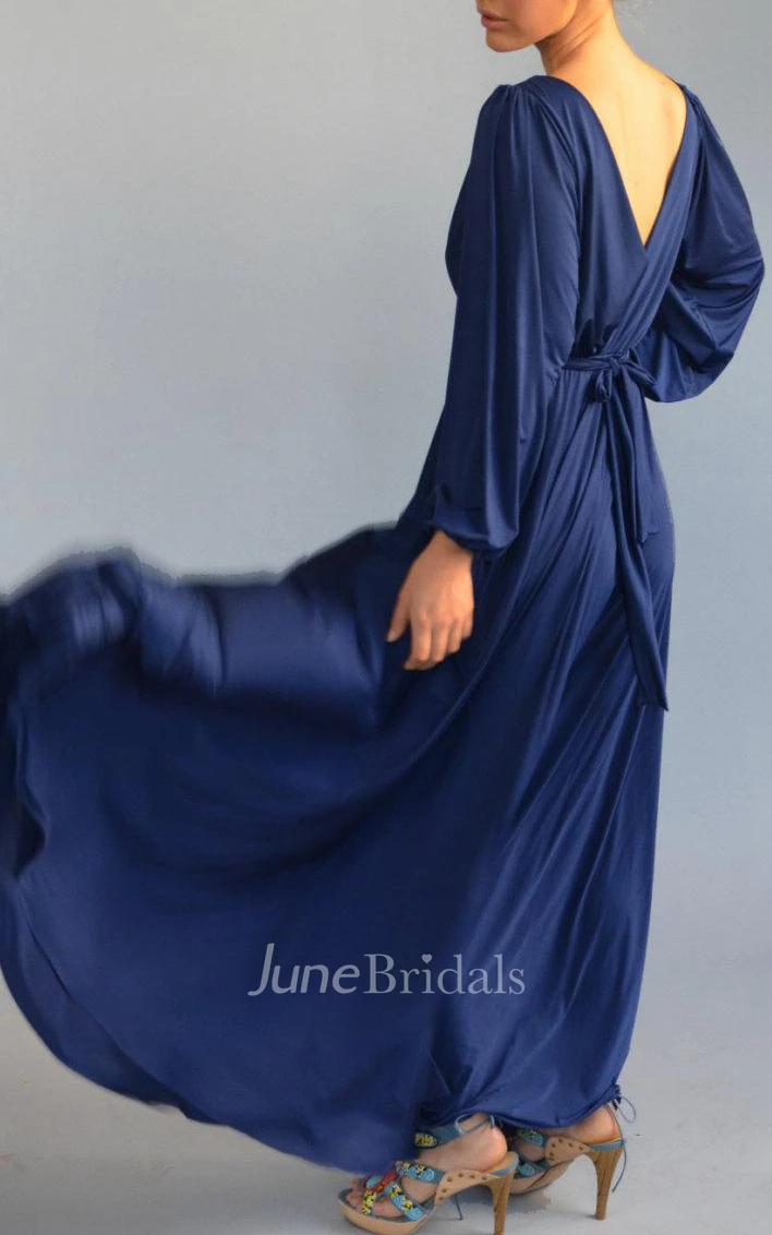 Fall Blue Evening Floor Length Bell Shape Golden Feather Belt Full Circle Skirt Dress