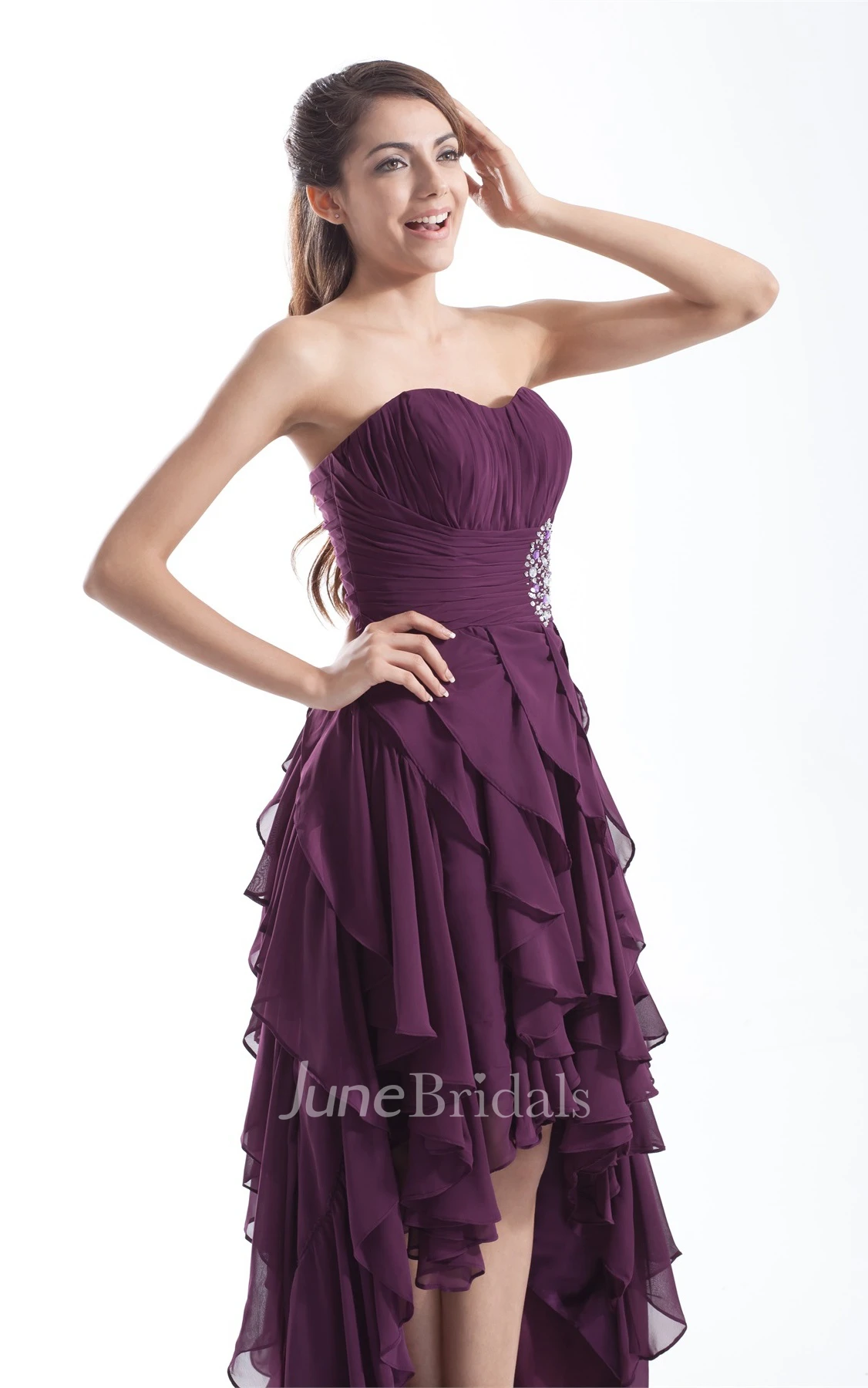 chiffon ruched high-low dress with cascading ruffles and beading