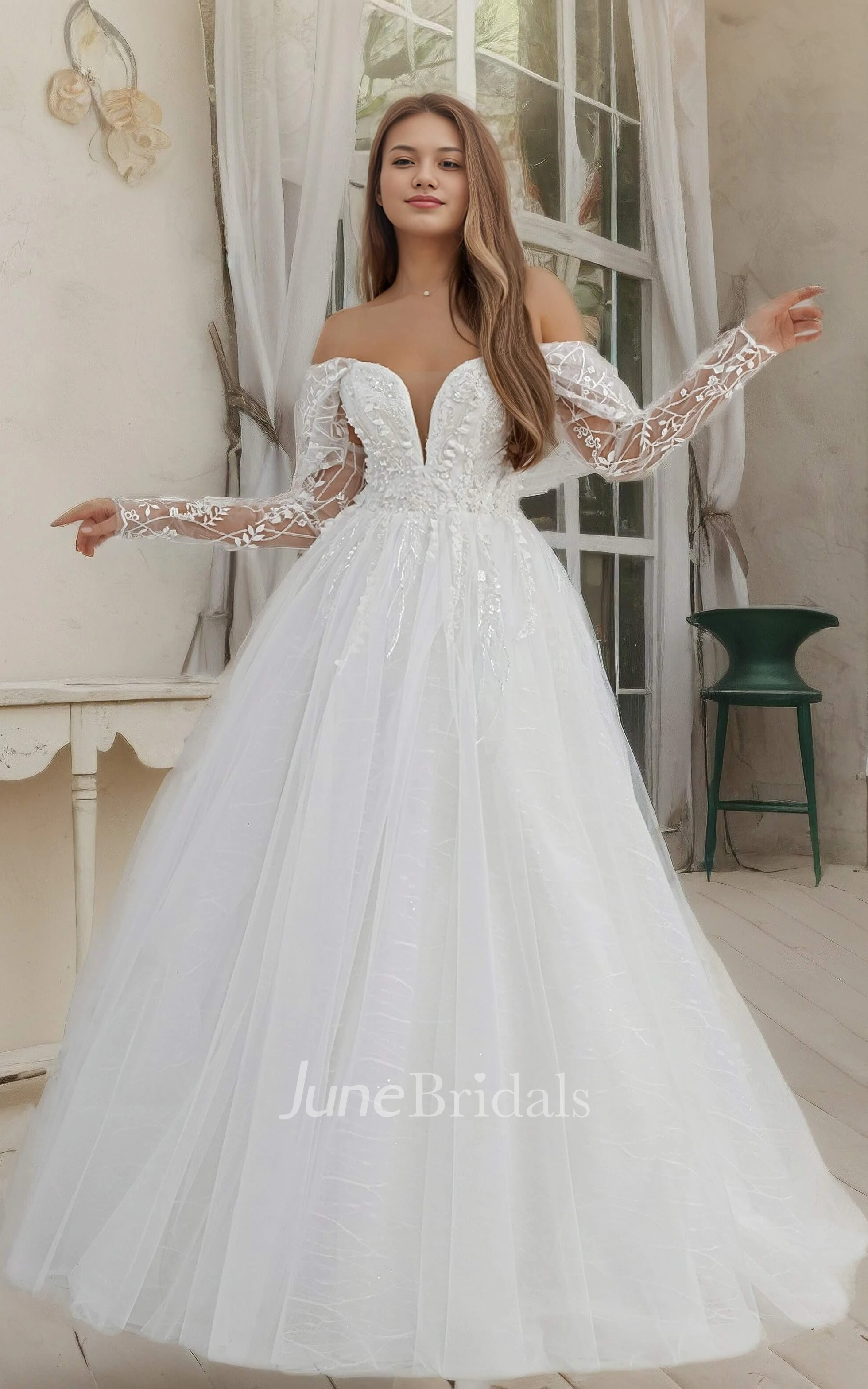 Princess Floral A-Line Off the Shoulder Boho Lace Winter Wedding Dress Modern Ethereal Detachable Sheer Long Sleeve Plunging Neckline Sequin 3D Appliques Ball Gown