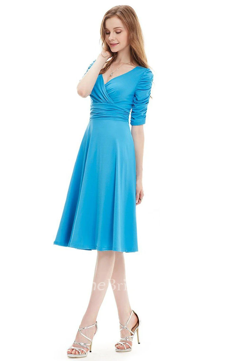 Half-sleeved V-neck Knee-length Ruched Dress