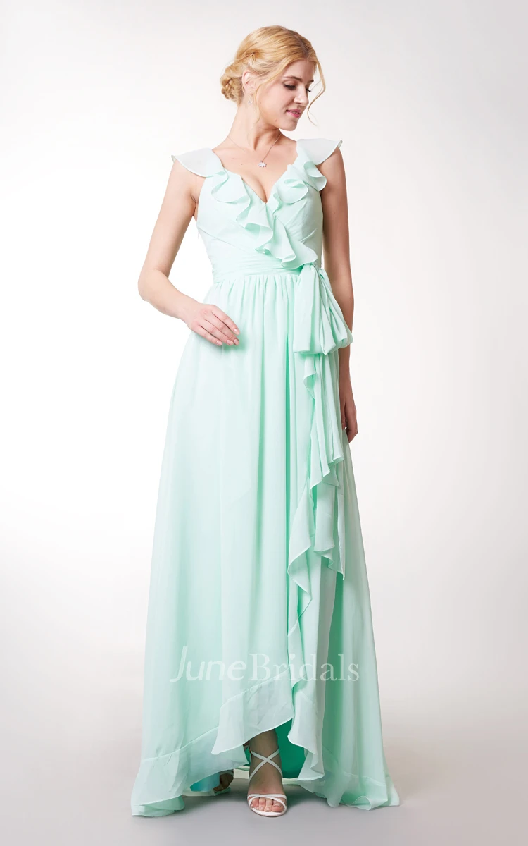 Cap-sleeved Asymmetric Ruffled Long Chiffon Dress With Sash