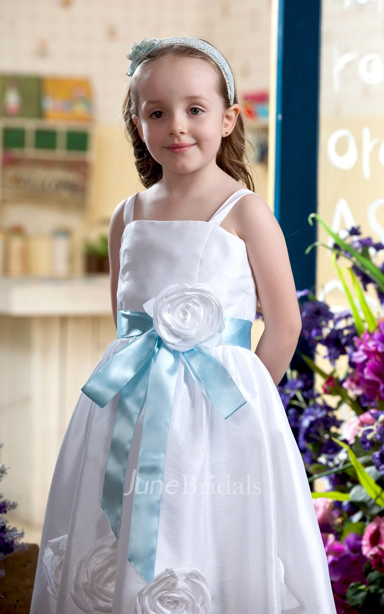 Two-Tone Strapped Ankle-Length Flower Girl Dress With Ribbon