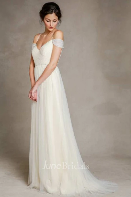 A-Line Jeweled Floor-Length Spaghetti Tulle Wedding Dress With Pleats