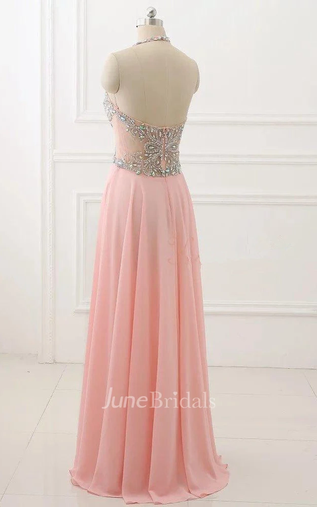 Floor-length Halter Backless Chiffon Dress With Beading