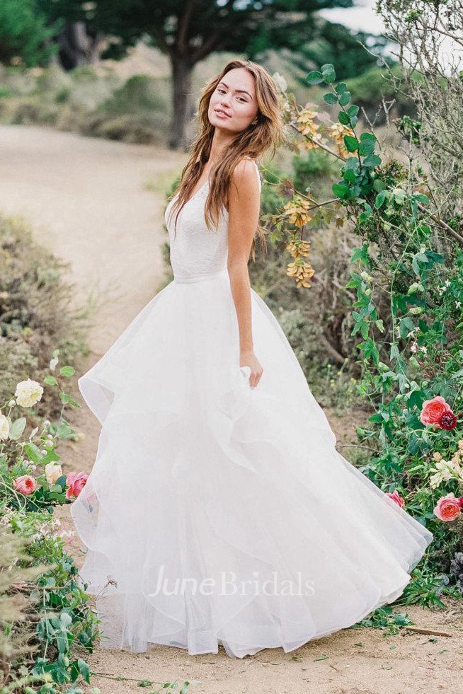 v neck ruffle wedding dress