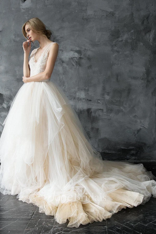 Plunged Sleeveless A-Line Tulle Ball Gown With Lace And Court Train