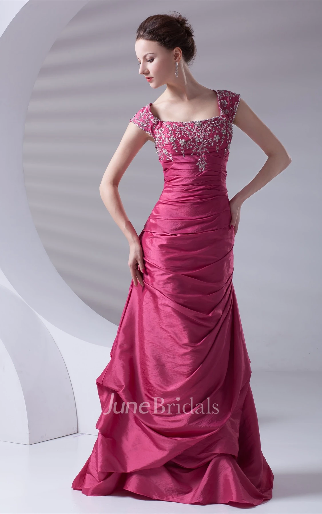 Caped-Sleeve Taffeta Pick-Up A-Line Gown with Embroideries