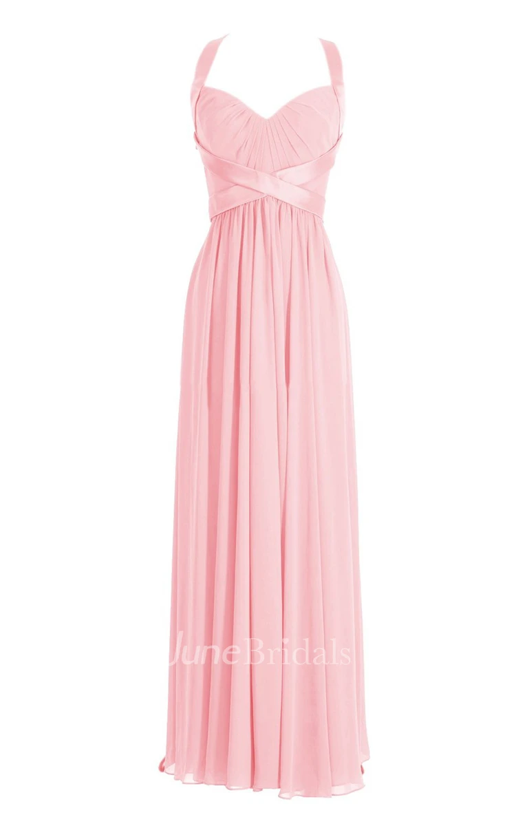 Halter Pleated Chiffon A-line Gown With Deep-v Back