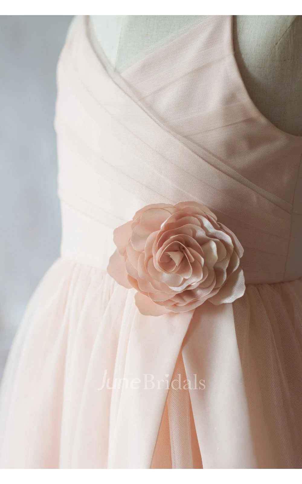 Spaghetti Strap Floor Length Pleated Tulle Dress With Side Draping