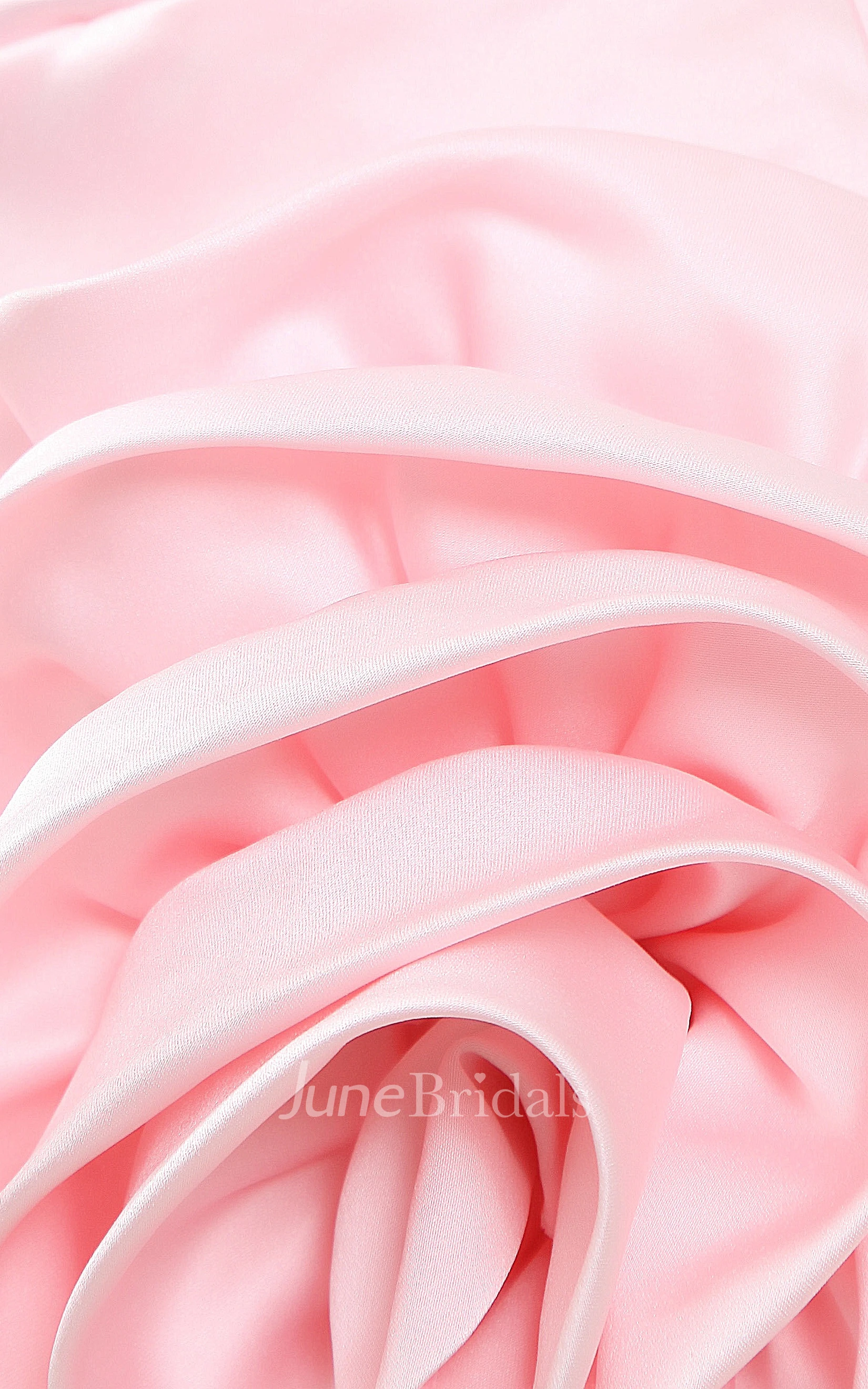 Blushing Sleeveless Satin Mini Dress With Flowers and Watteau Train