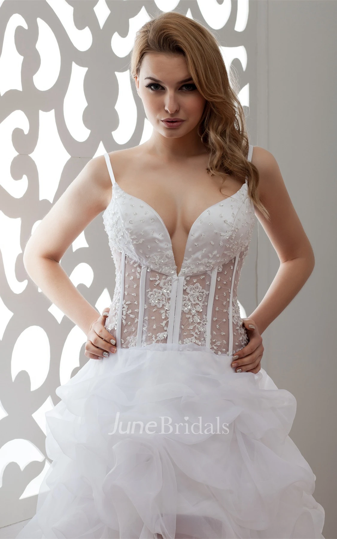 Plunged Spaghetti-Strap Front-Split Dress with Appliques and Illusion Waist