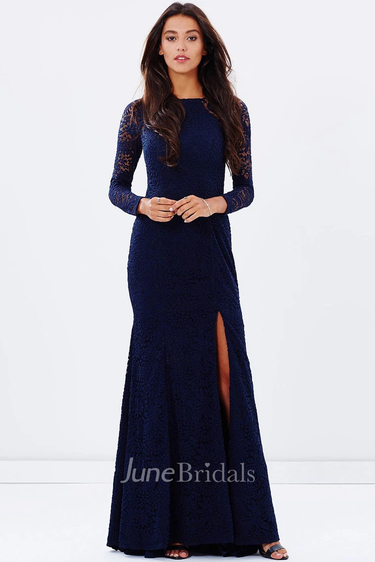 Split-Front Jewel Neck Long Sleeve Lace Bridesmaid Dress