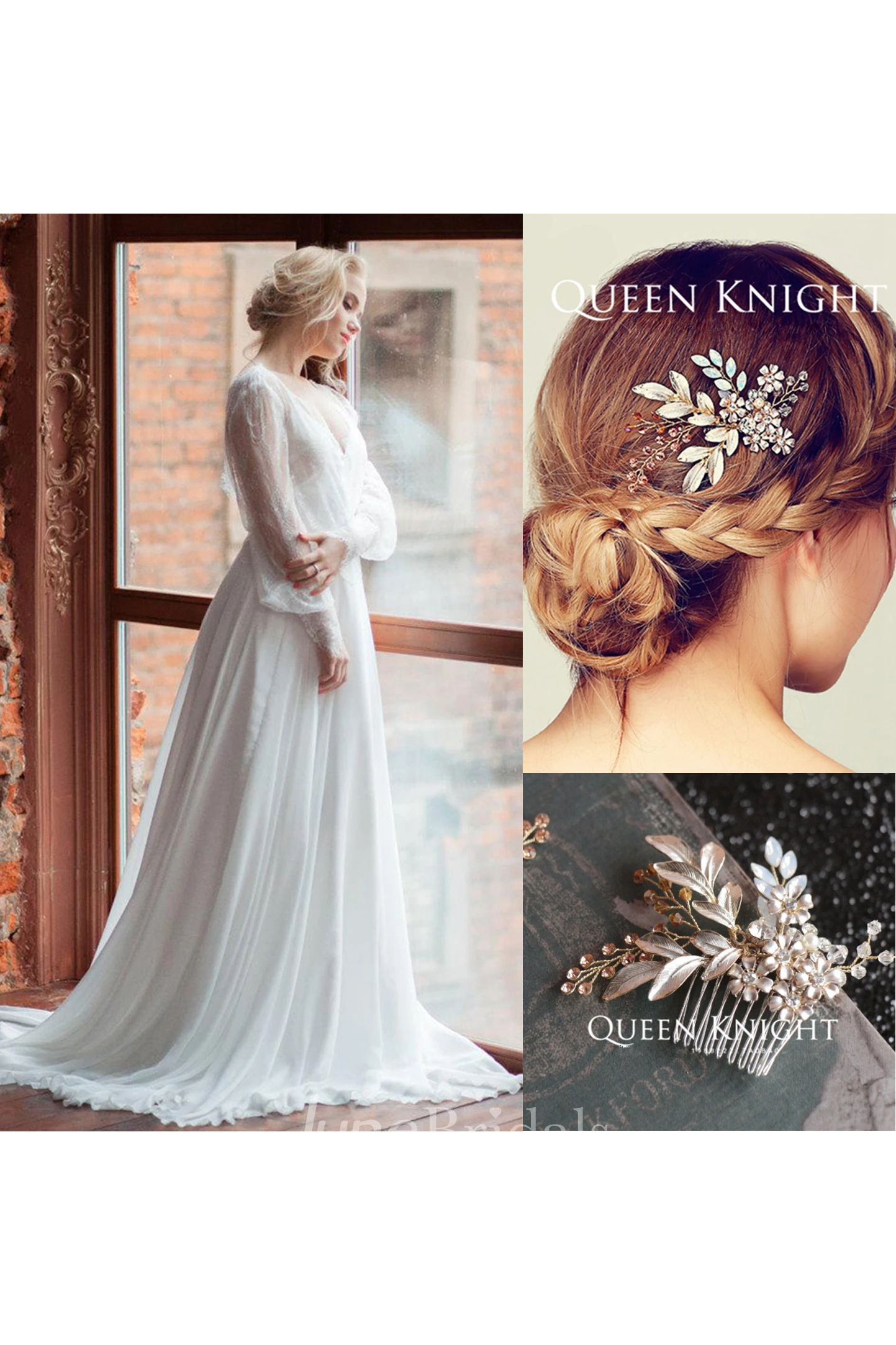 Lace Illusion Long Puff Sleeve Chiffon Wedding Dress and Hand-woven Champagne Color Vine Flower Branches Hair Comb