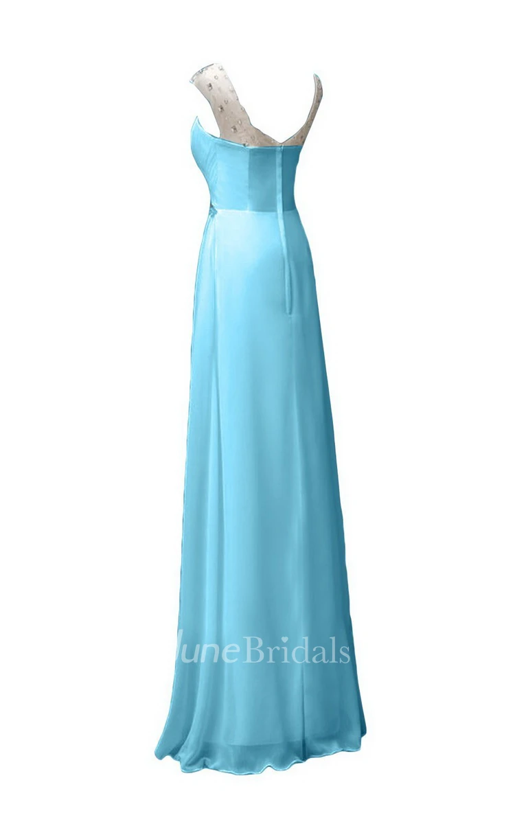 Sleeveless Long Ruffled Chiffon Dress With Beaded Neck
