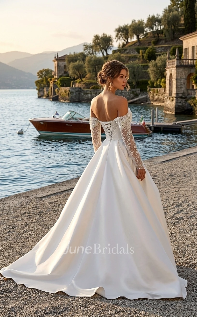 Off Shoulder Long Sleeve Satin Spring Wedding Dress Sparkly Sequins Princess Ruching Bridal Gown with Corset Back