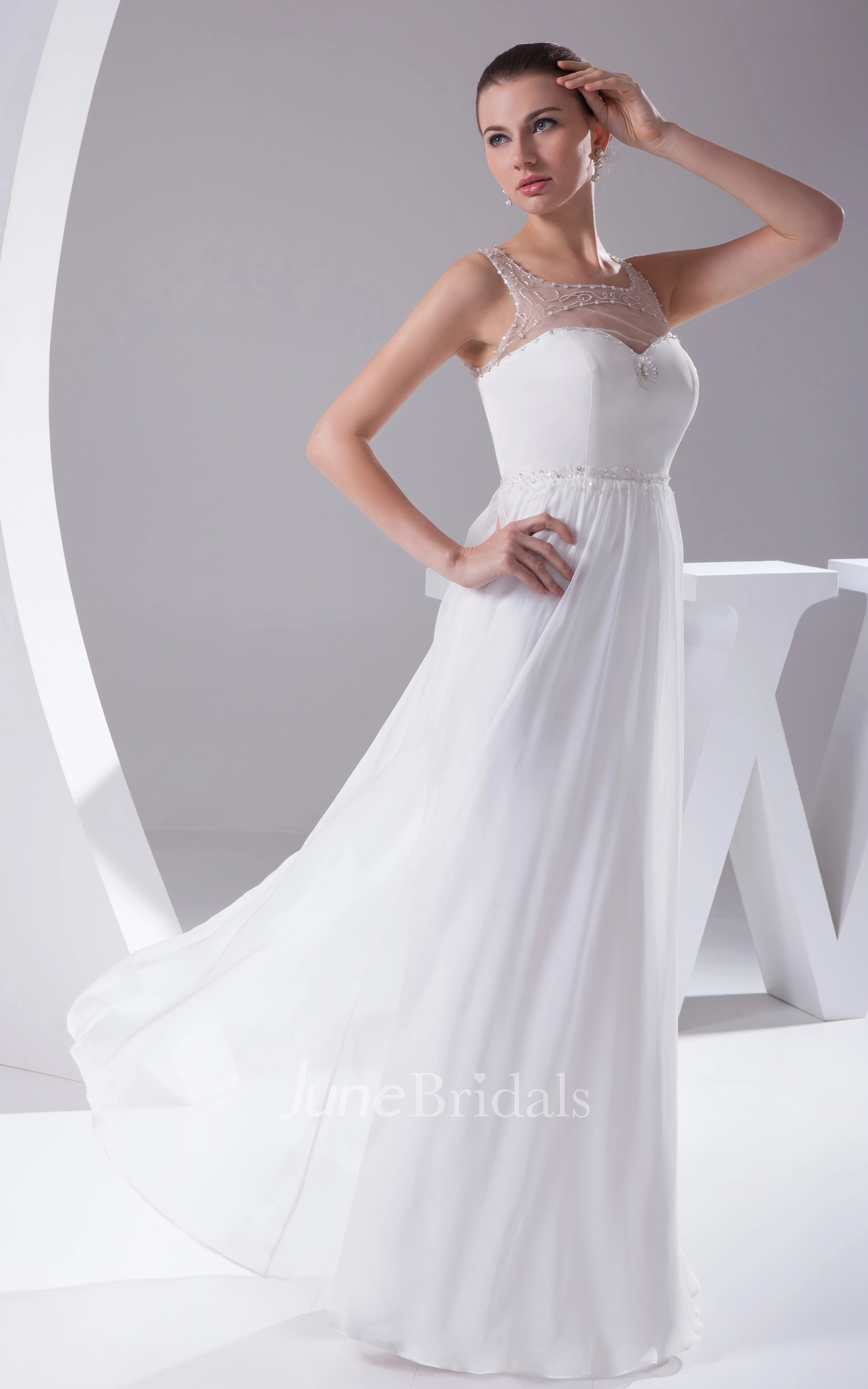 Sleeveless Floor-Length Chiffon Dress With Illusion Neckline