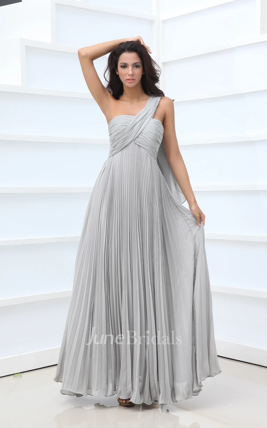 Style Asymmetrical One-Shoulder Empire Gown With Crystal Details