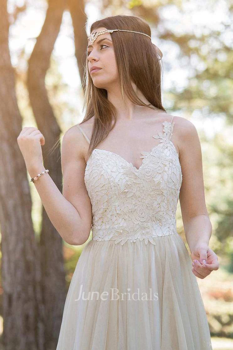 Exquisite Spaghetti Tulle Pleated Warm Wedding Dress With Appliques