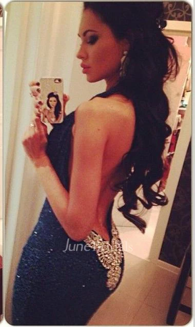 Sexy V-Neck Sequined Mermaid Prom Dresses Open Back Beadings Evening Dresses