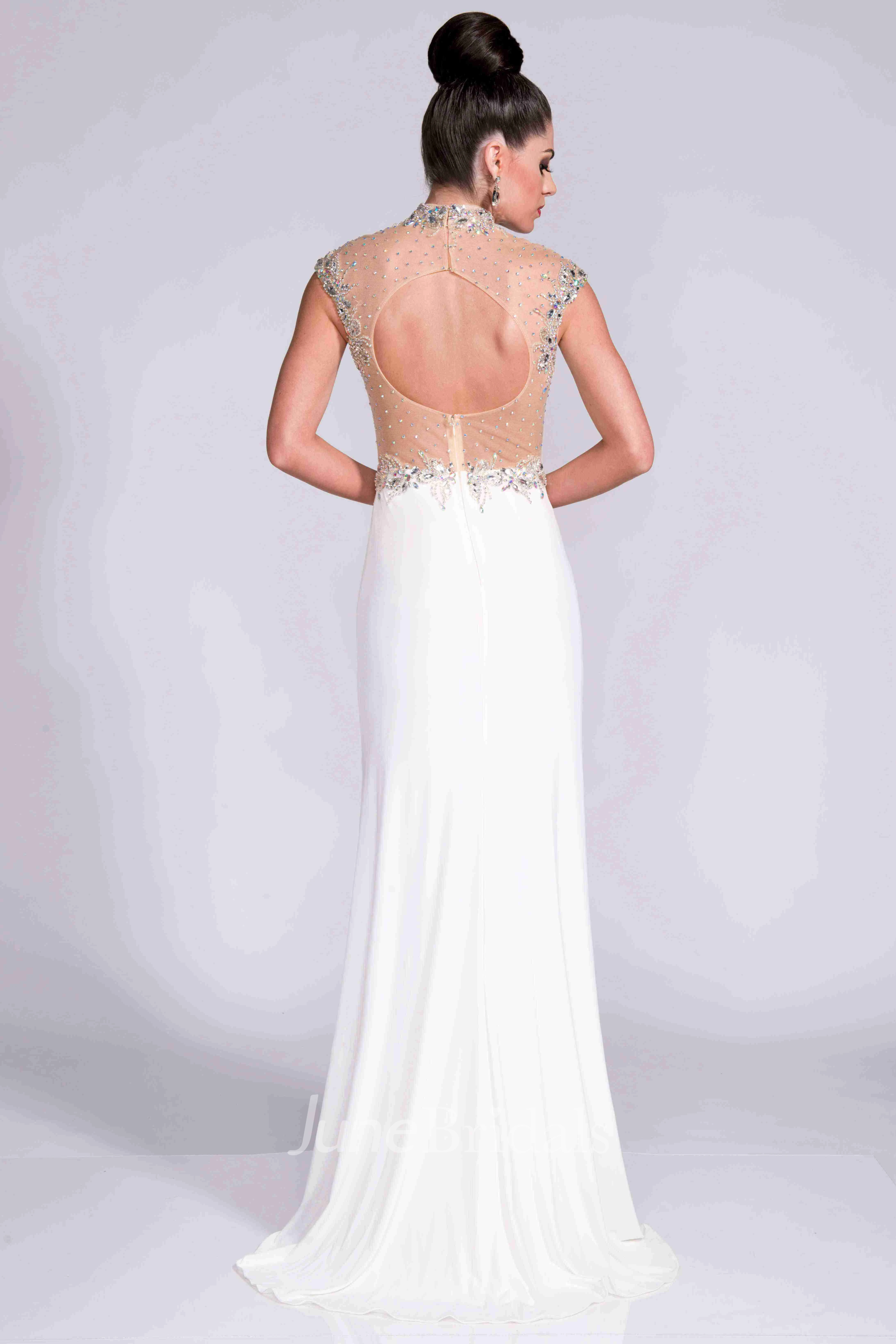 High Neck Cap Sleeve Keyhole Back Jersey Prom Dress With Shining Top