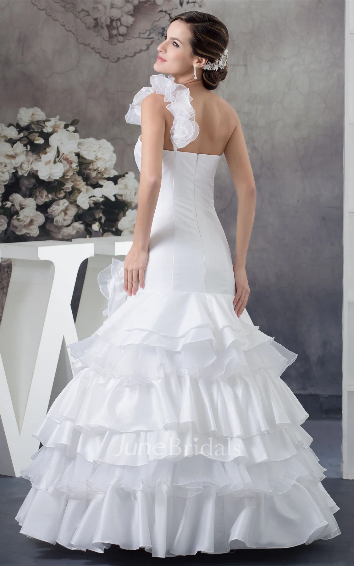 One-Shoulder Sweetheart A-Line Gown with Flower and Tiers