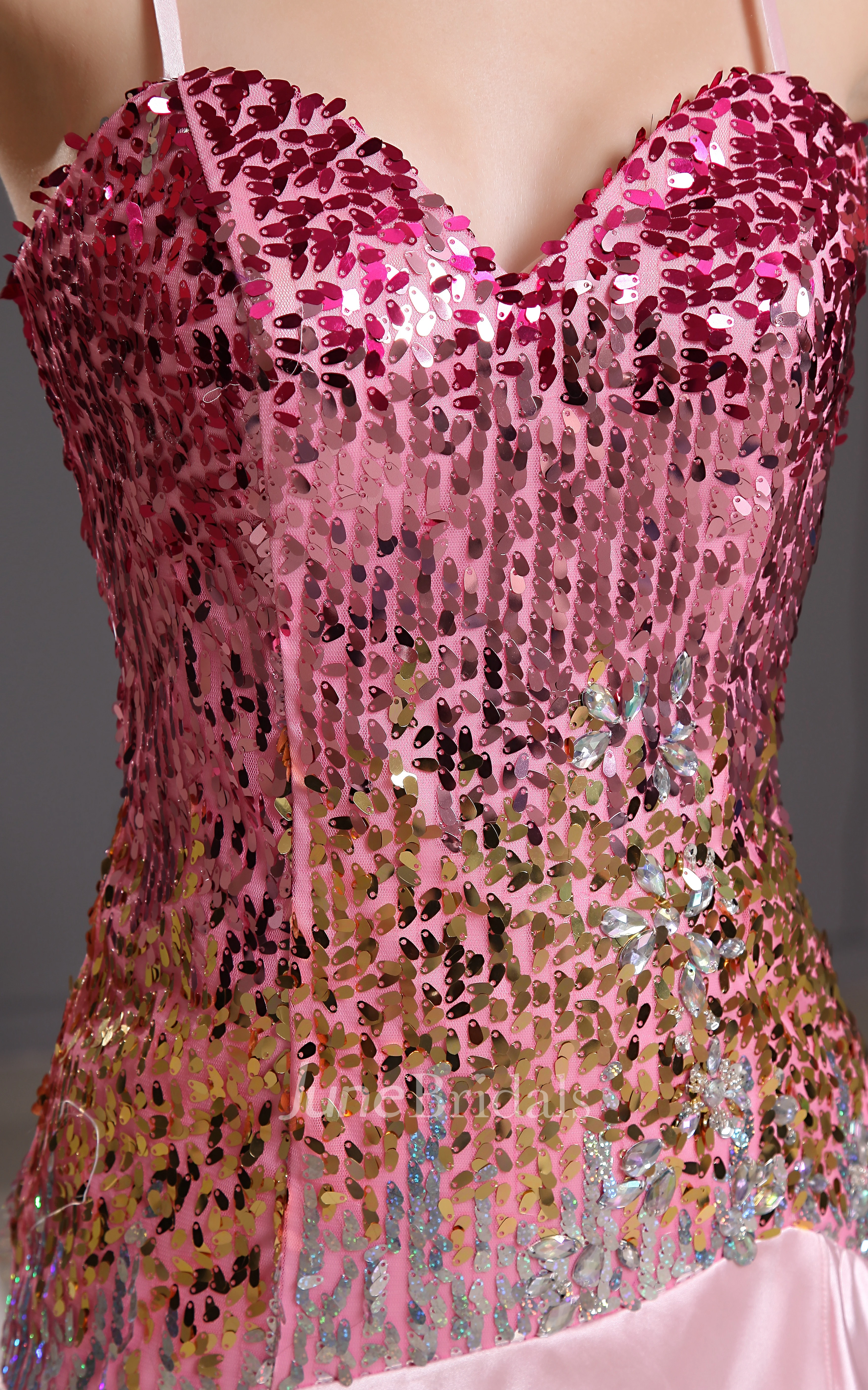 Satin Front-Split Sequined Dress With Spaghetti Straps