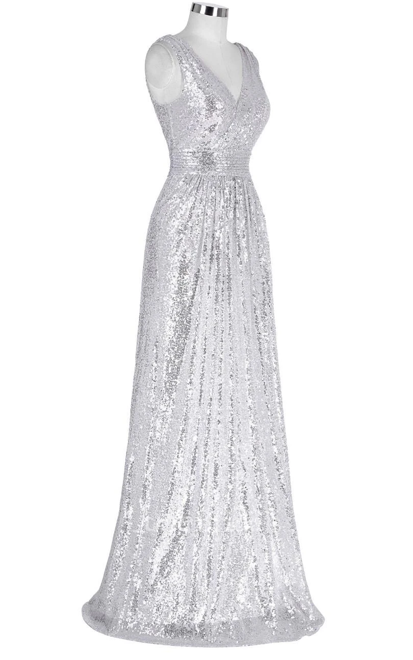 V-neck Sleeveless A-line Sequins Dress With Pleats