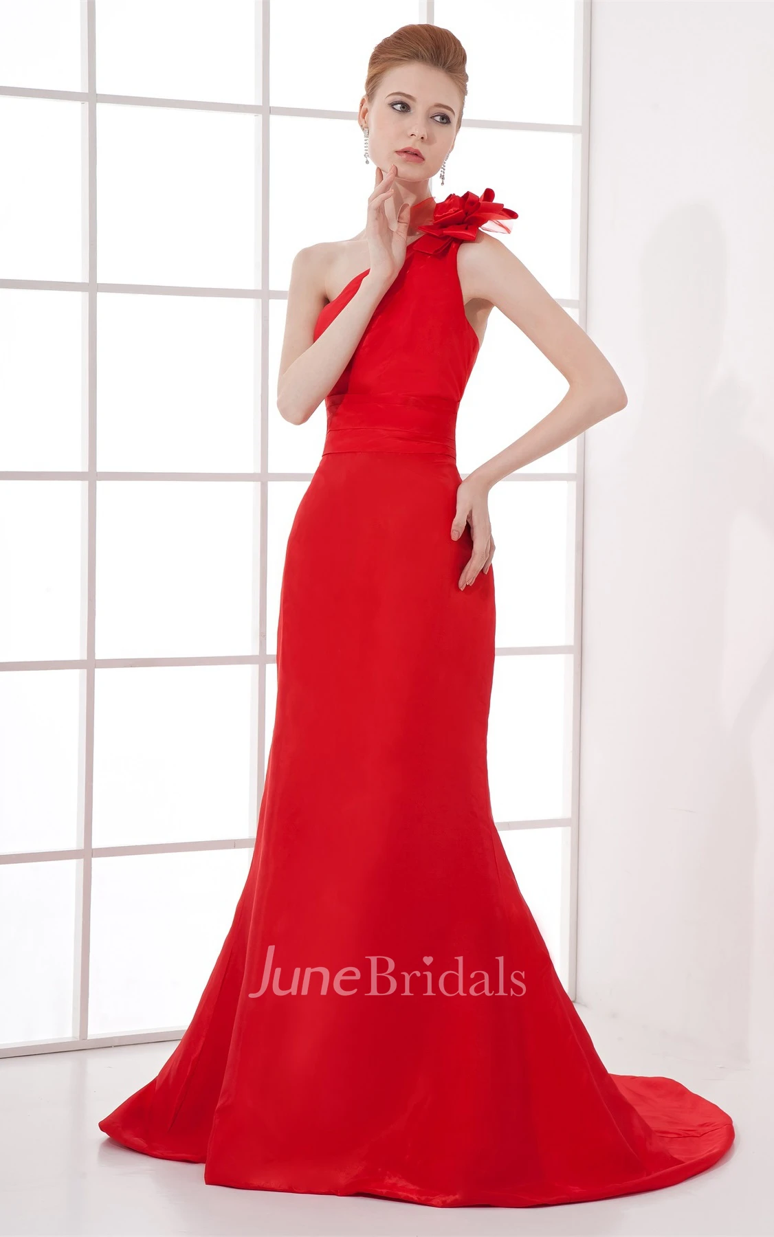 one-shoulder floor-length trumpet dress with floral el