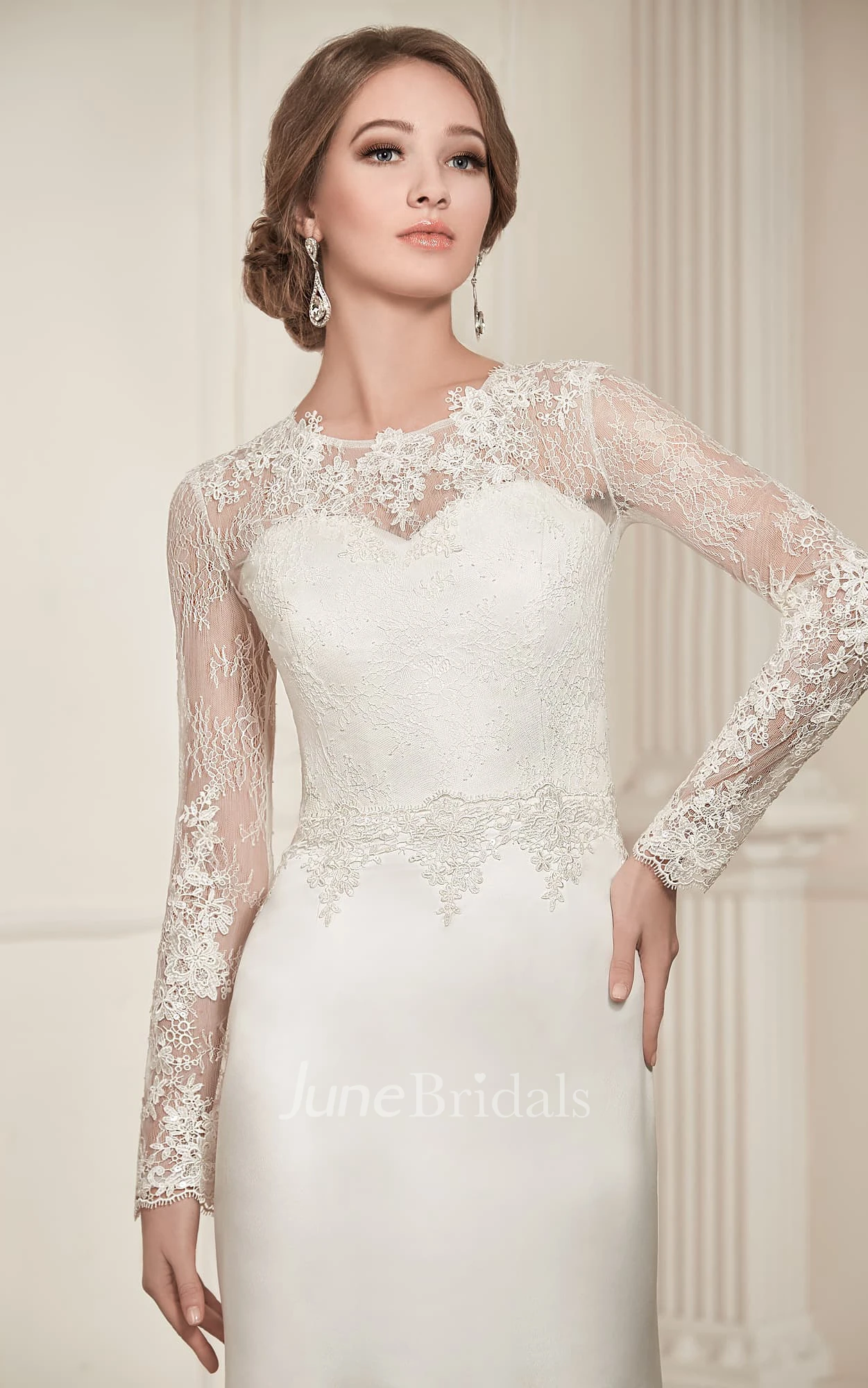 Sheath Long Jewel-Neck Illusion-Sleeve Lace-Up Satin Dress With Keyhole