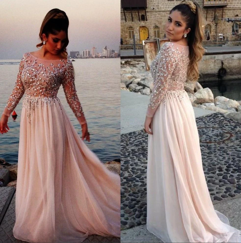 Glamorous Long Sleeve Beadings Prom Dresses Long Chiffon