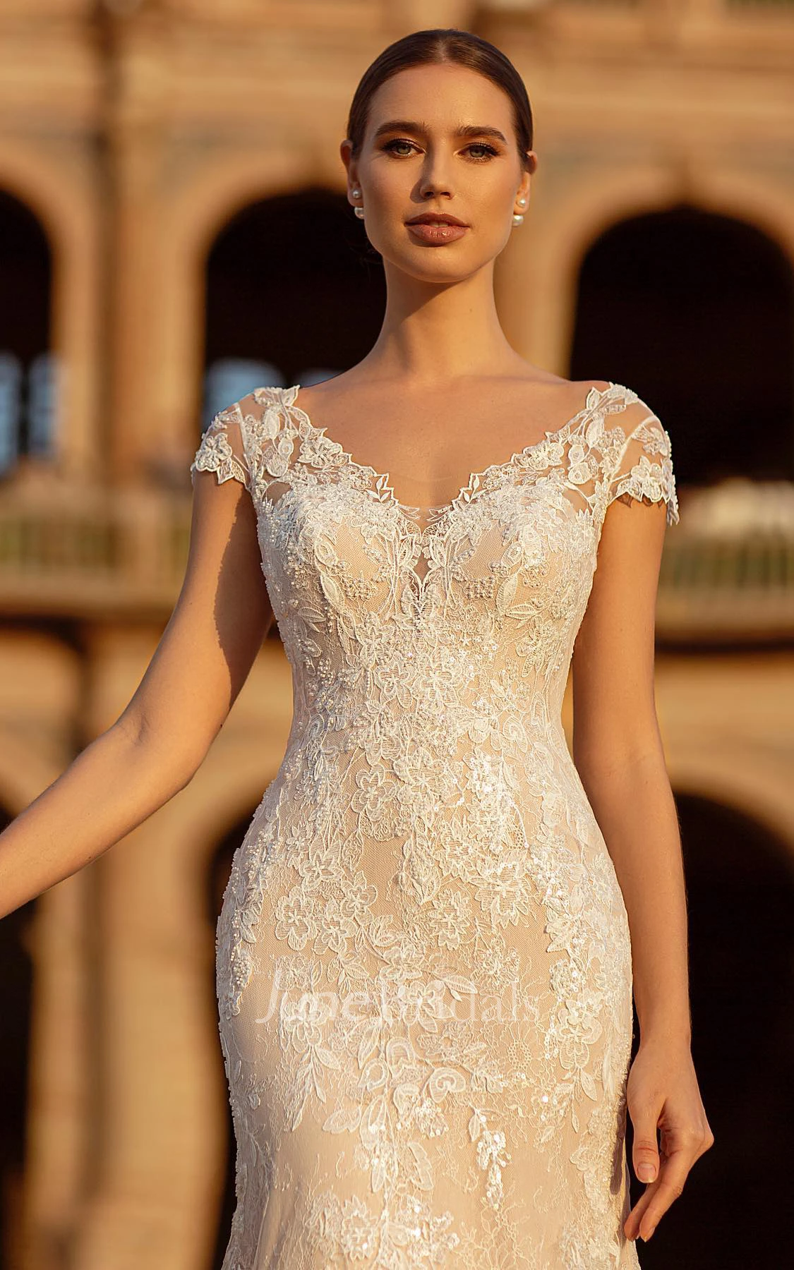 Mermaid Lace V-neck Wedding Dress Vintage Cap Sleeve Illusion Back Bridal Gown