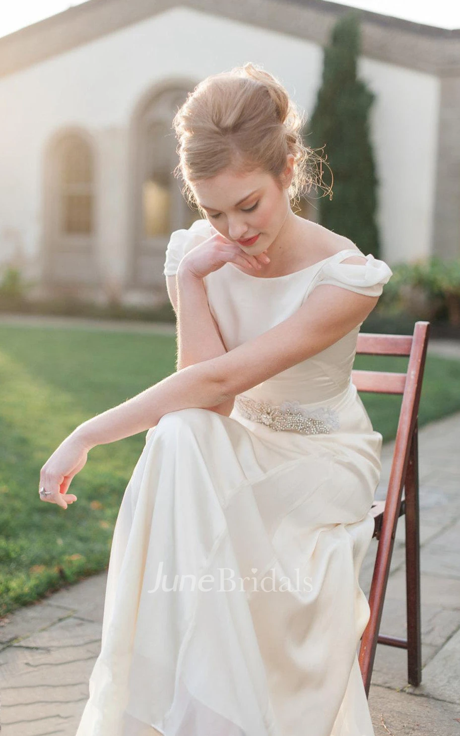 Bateau Neck Sheath Long Satin Wedding Dress With Sash And Cap Sleeve