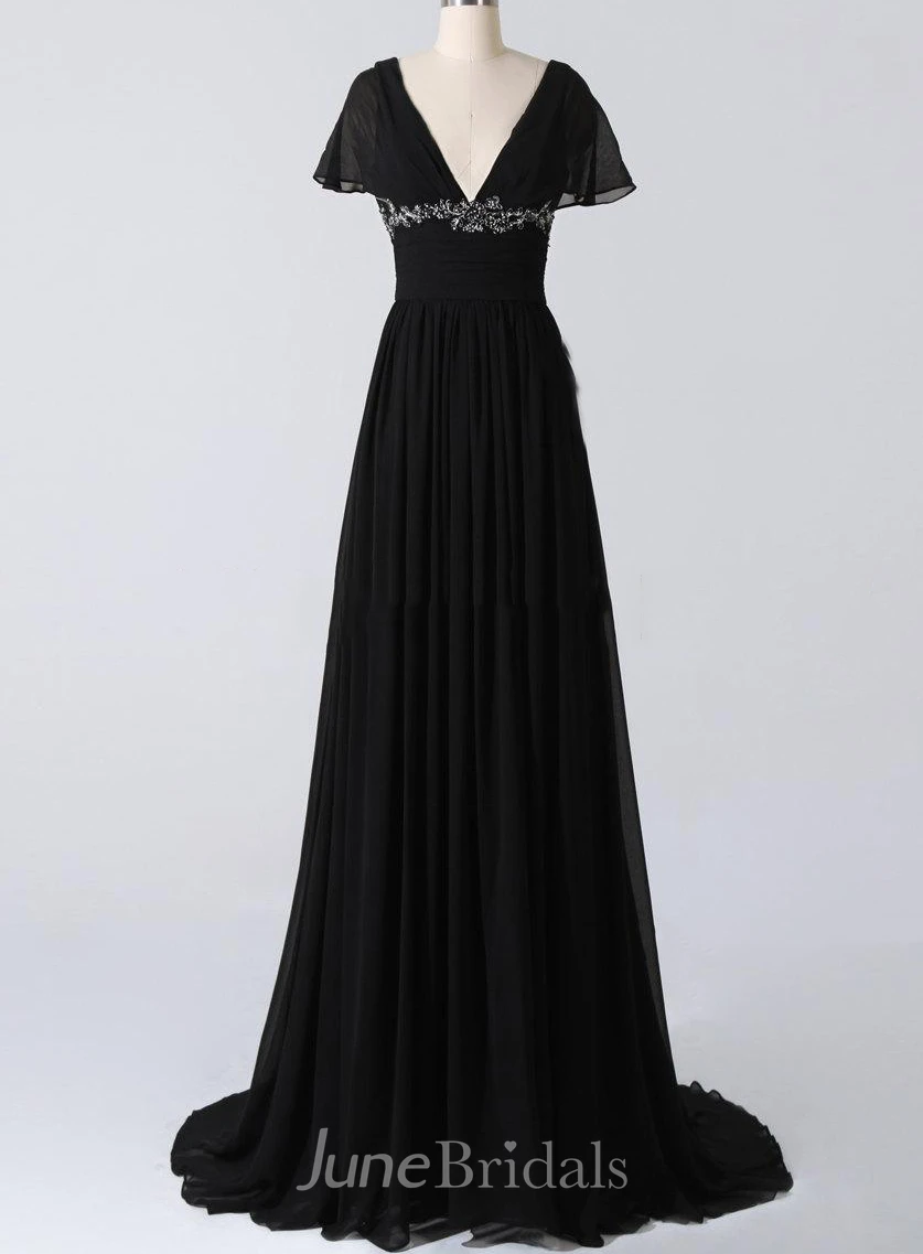 A-line V-neck Sweep Train Chiffon Dress With Beading