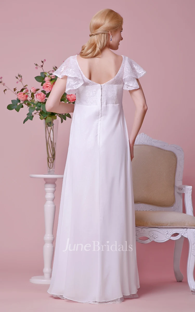 V-neck V-back Cap-sleeved Empire Chiffon Maternity Wedding Dress With Lace Bodice