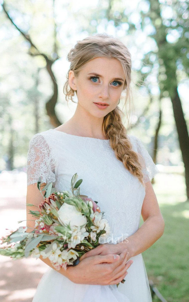 A-Line Floor-Length Tulle Lace Satin Dress With Flower